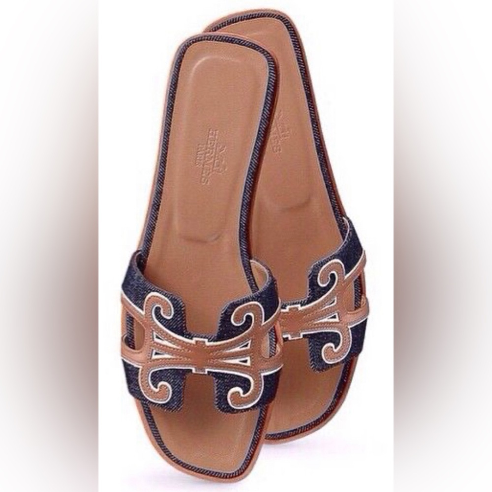 Hermes Oran H logo sandals tan denim limited edition 35.5 5.5 6